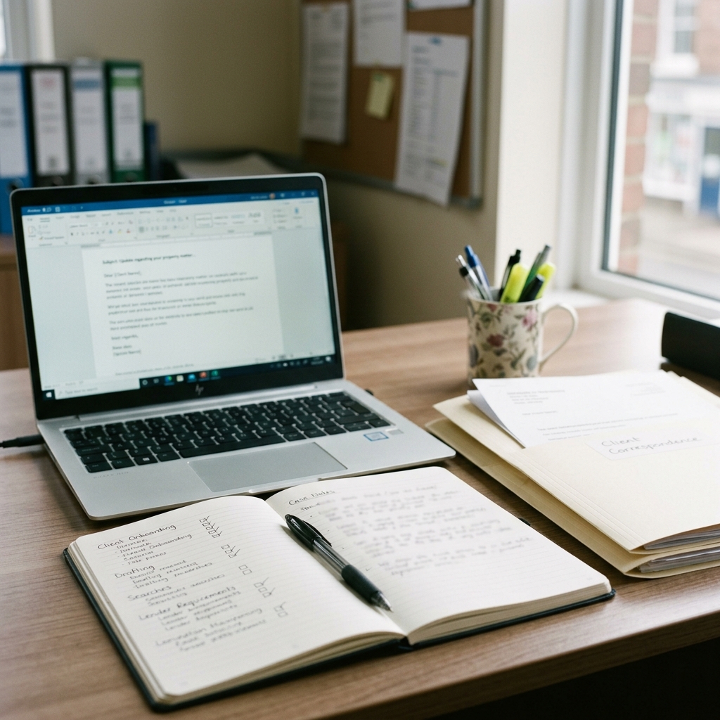 Conveyancing legal assistant reviewing an AI-assisted client update draft against a matter checklist