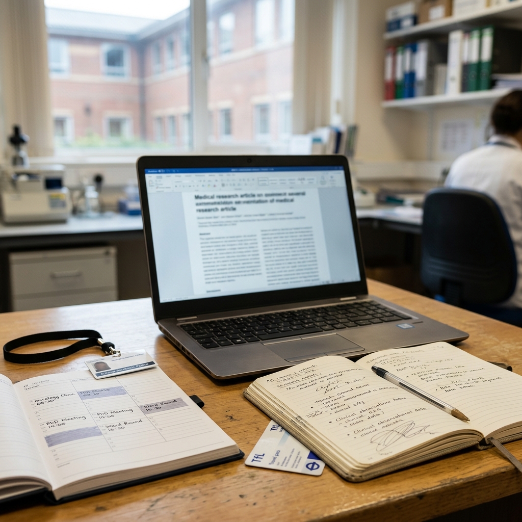Clinician-scientist desk with laptop, research notes and planning materials representing safe non-confidential AI workflow support.