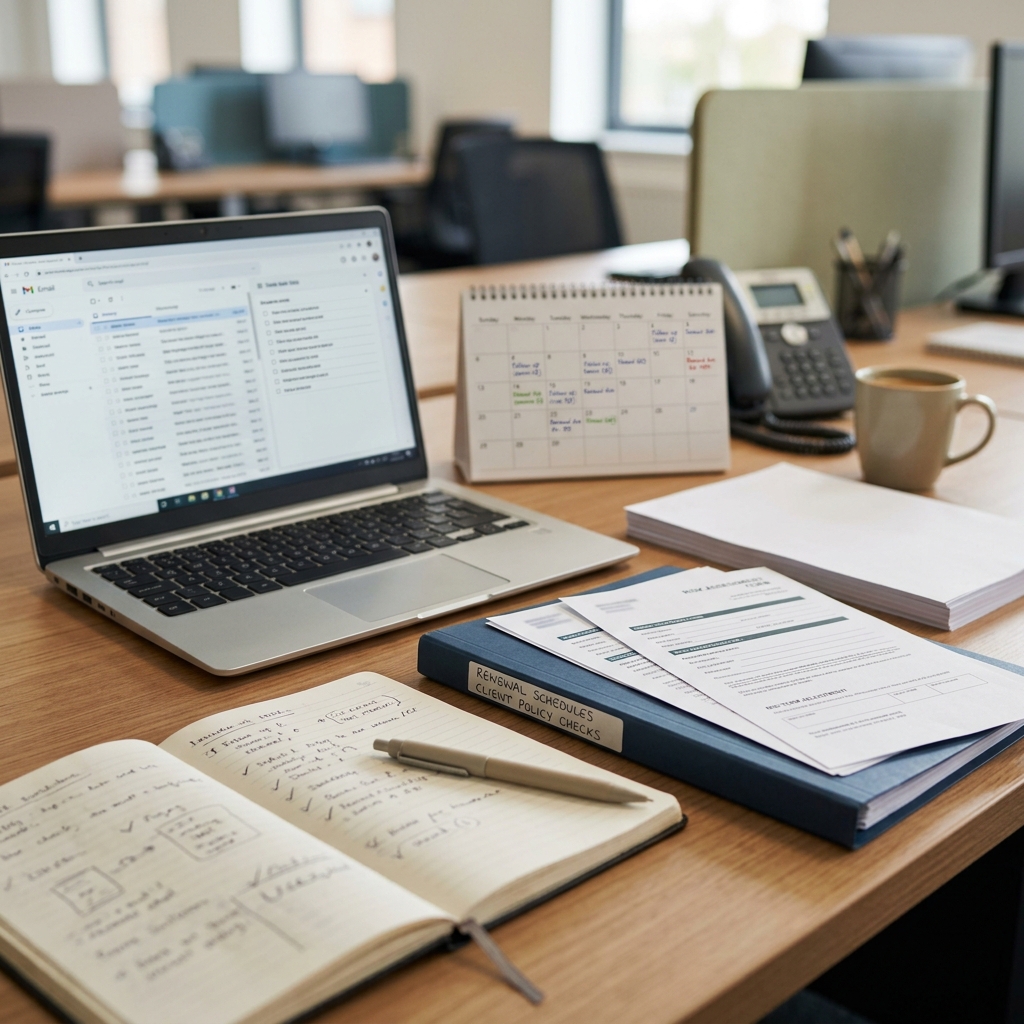 Commercial insurance account handler organising renewal chasers, insurer follow-ups and document checklists at a desk.