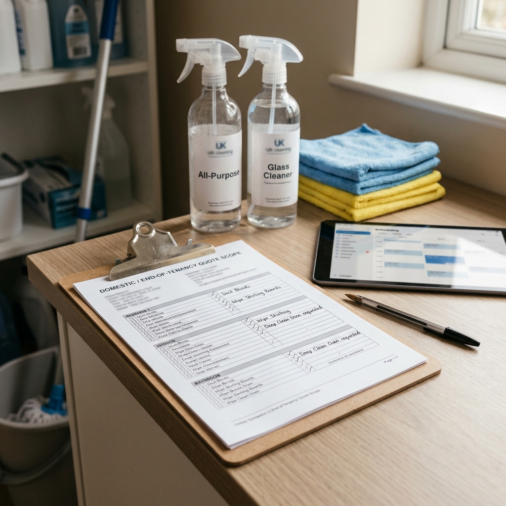 Cleaning company quote scope checklist beside cleaning supplies for a UK domestic cleaning business