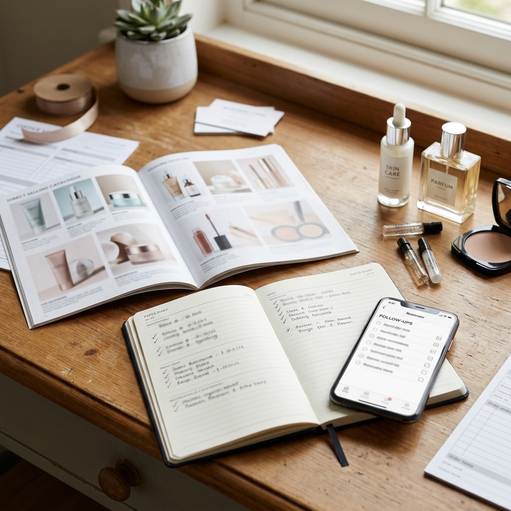 Beauty representative planning customer reminders with a catalogue, diary and phone notes