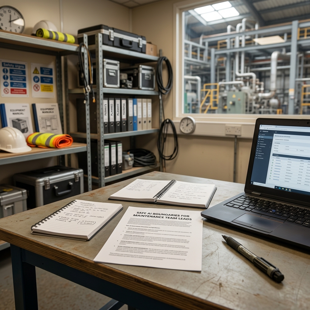 Maintenance team lead reviewing an AI boundary checklist for safe drafting support in a hazardous process plant maintenance office.