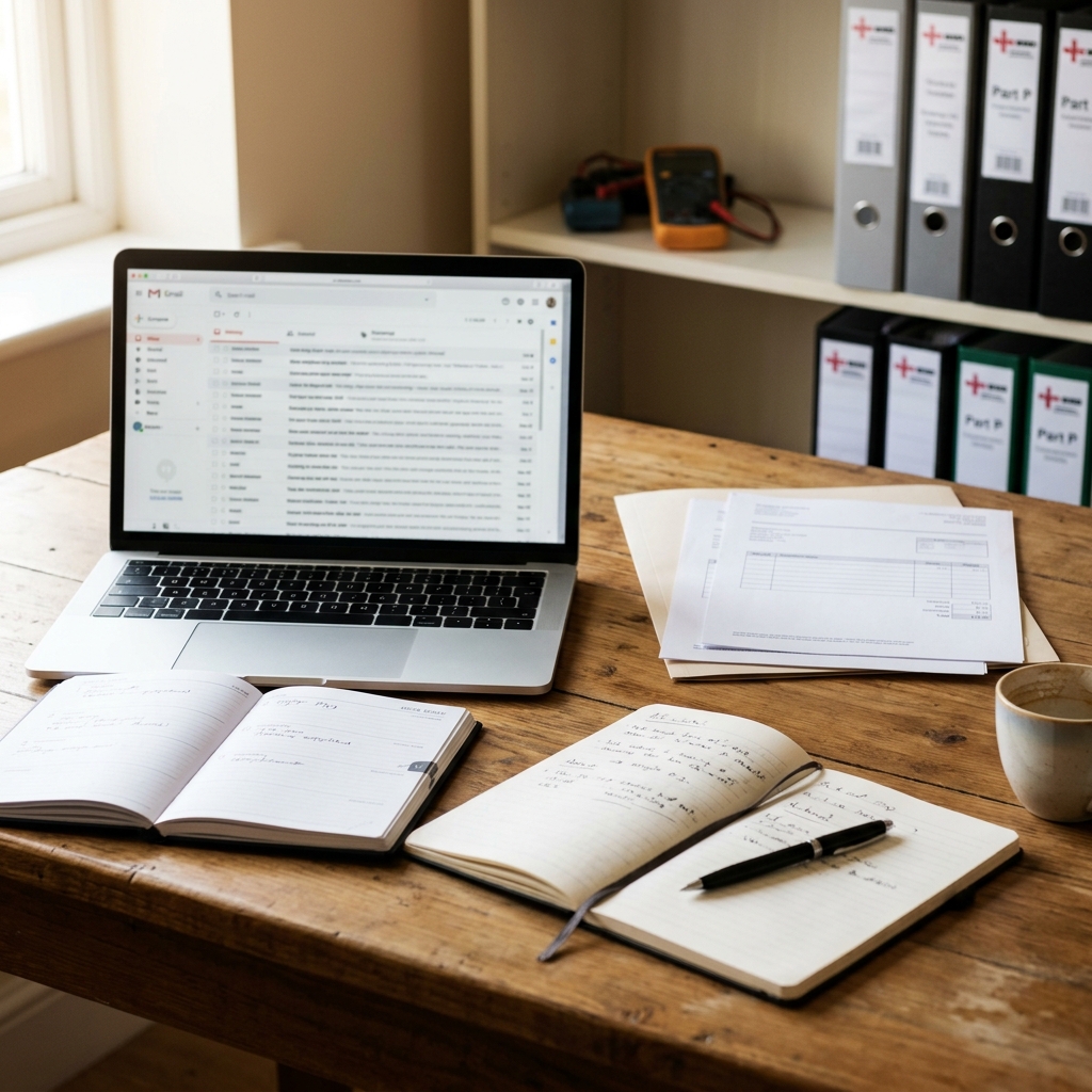 UK domestic electrical business owner reviewing quote follow-up and booking confirmation messages beside job notes