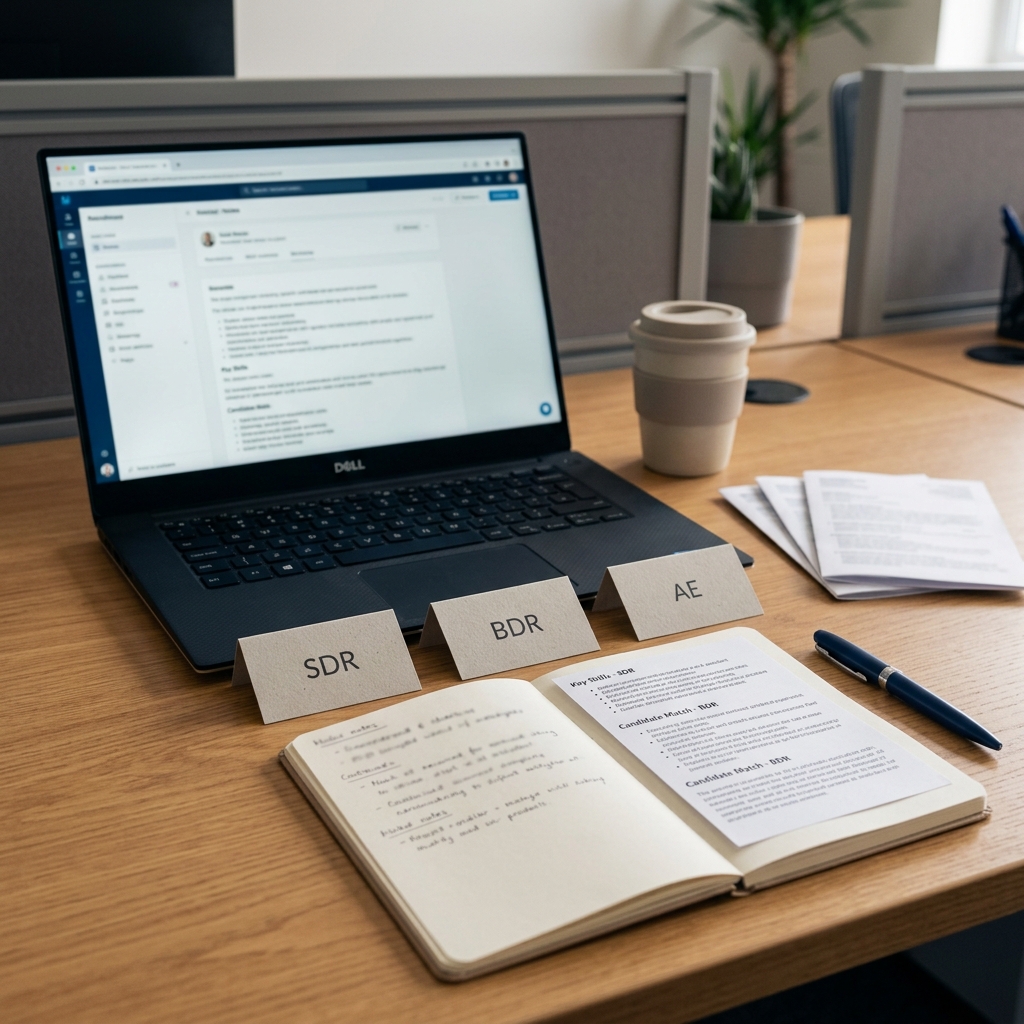 Organised AI-supported shortlist notes for SDR, BDR and AE SaaS sales recruitment candidates on a consultant's desk
