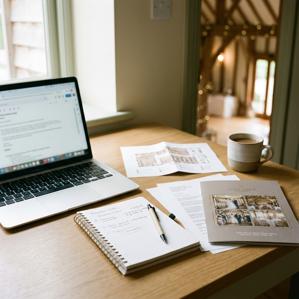 Wedding venue coordinator preparing a couple preference summary before a viewing with enquiry notes and a venue brochure