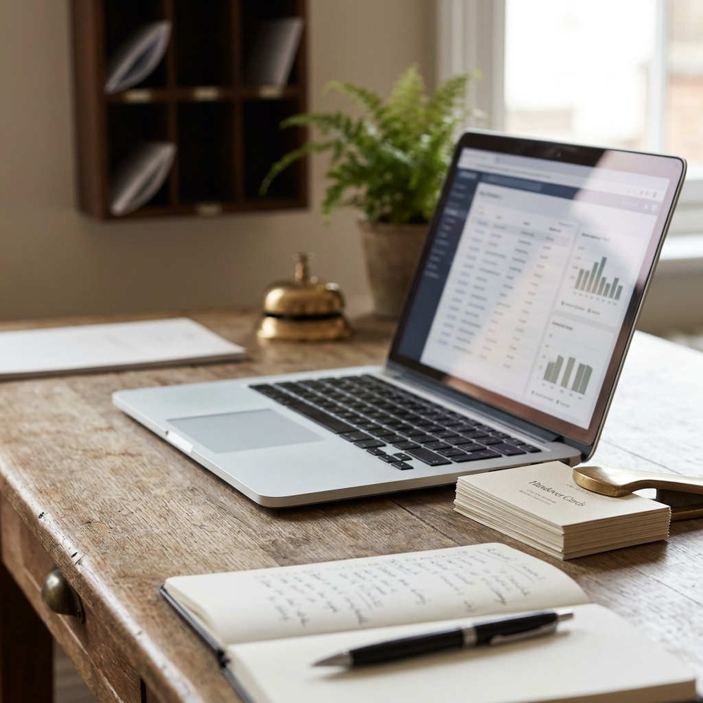 Hotel reservations manager reviewing AI-assisted internal booking notes and handover checklists in a boutique hotel office