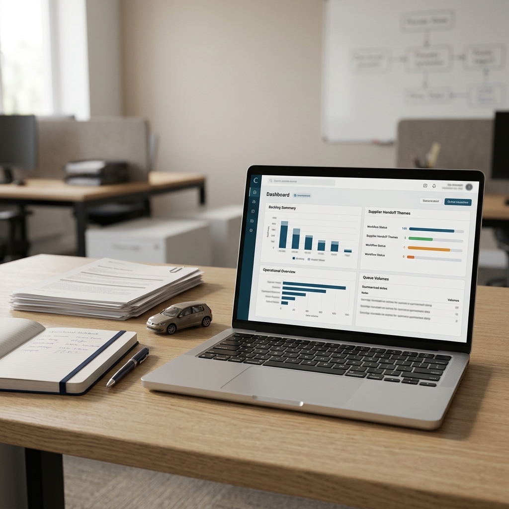 Claims operations manager reviewing anonymised motor claims backlog notes and supplier handoff themes