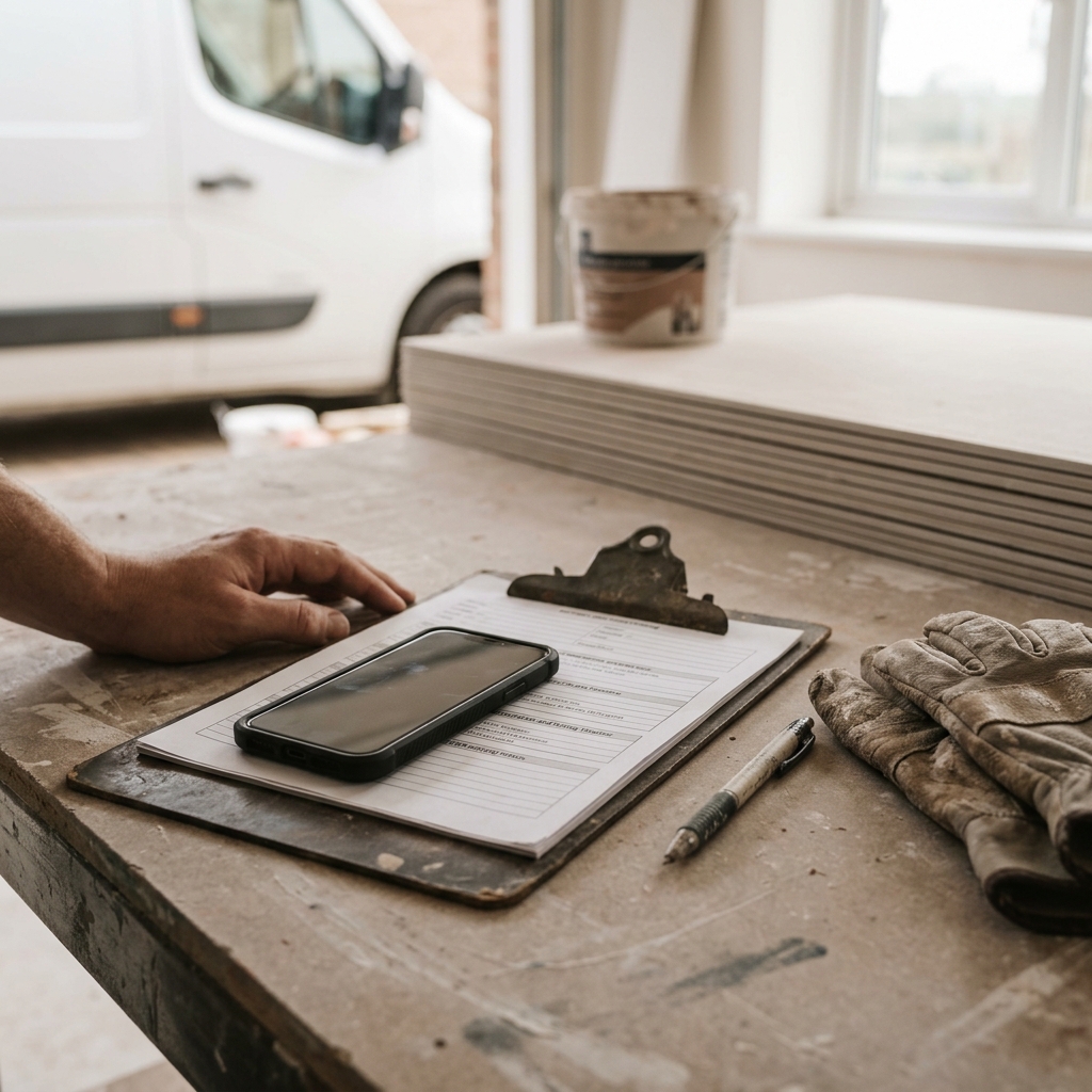 UK plastering business owner reviewing customer preparation and drying-time message notes on a phone