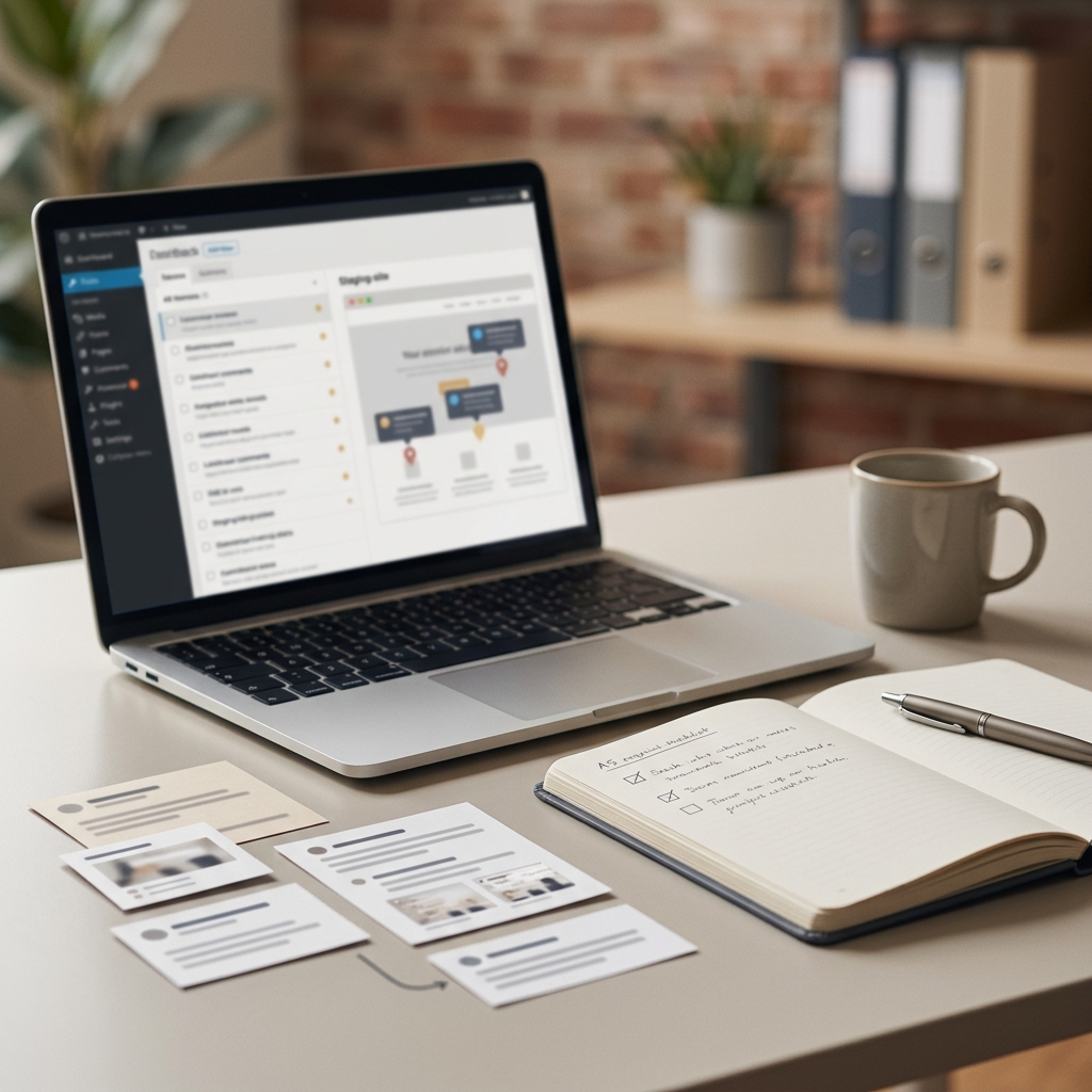 Web project manager organising WordPress client feedback from staging-site comments, screenshots and task notes