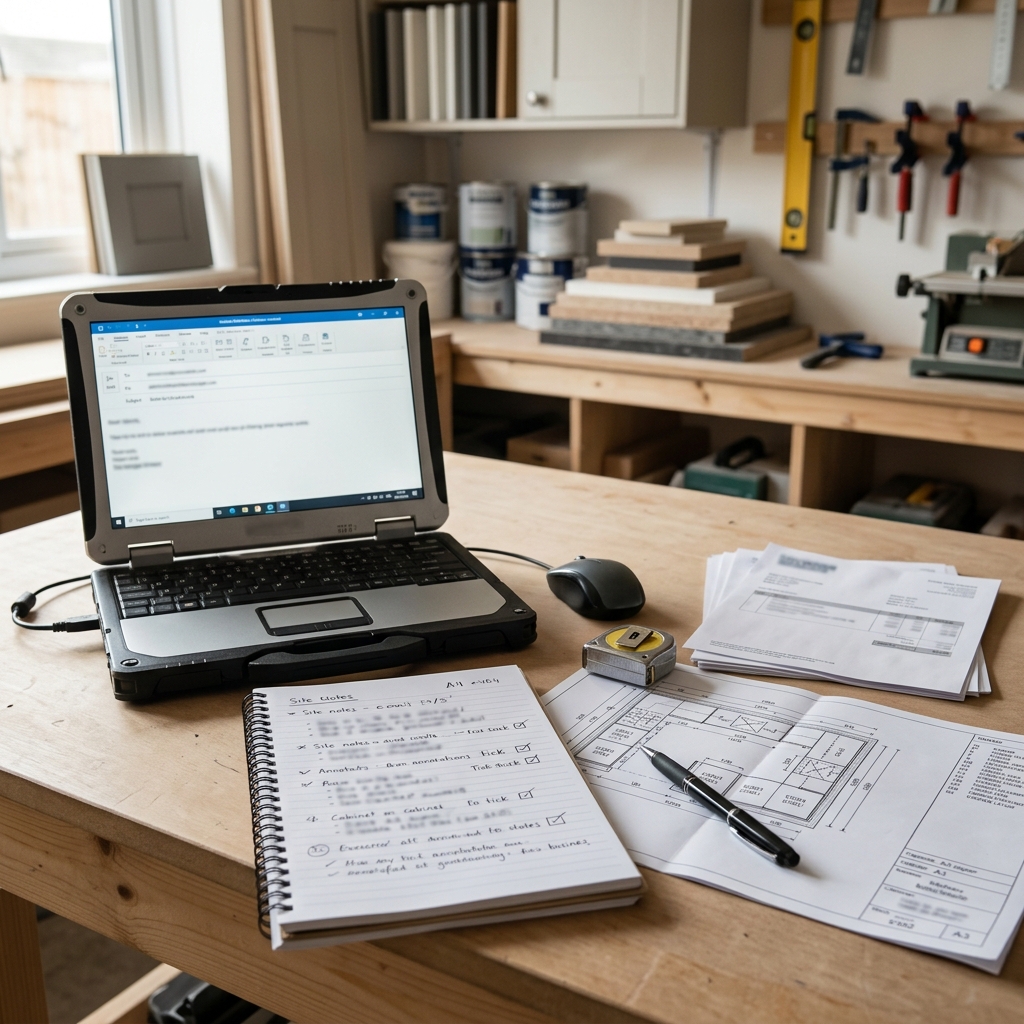 Kitchen fitting business owner reviewing supplier delay notes and an AI-drafted customer schedule update