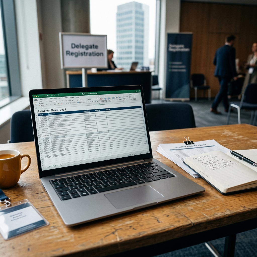 Event operations manager reviewing supplier updates, staff briefings and event-day handover notes on a laptop at a corporate conference venue.