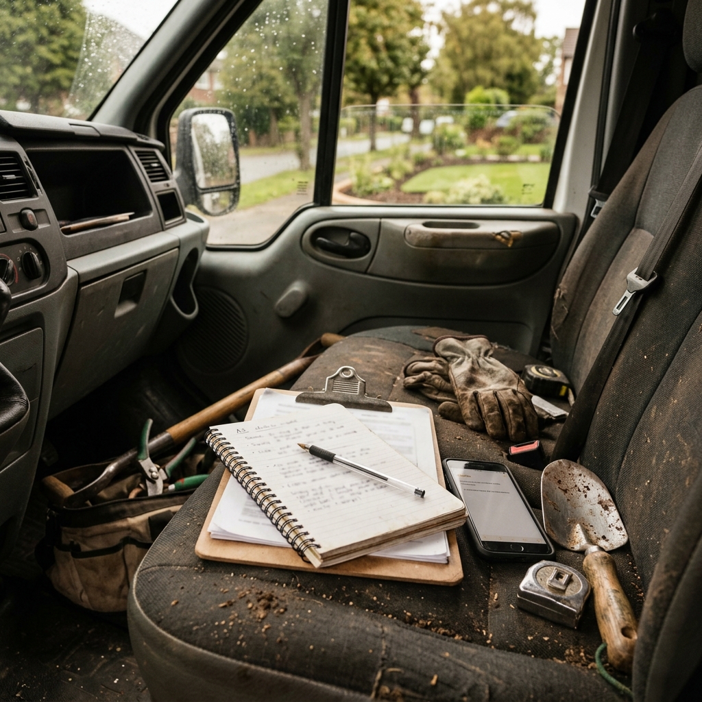 UK landscape gardening business owner reviewing garden visit notes before writing a quote follow-up