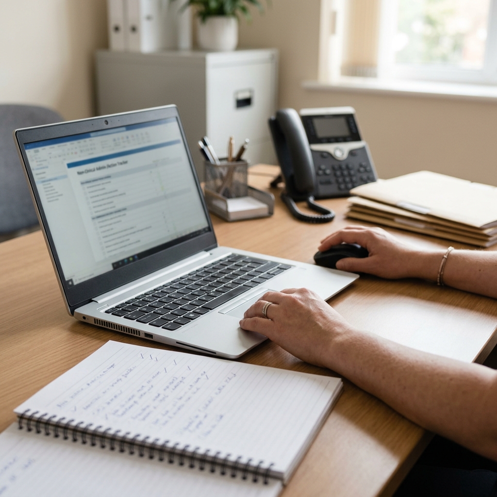 GP practice manager reviewing a non-clinical admin checklist on a laptop
