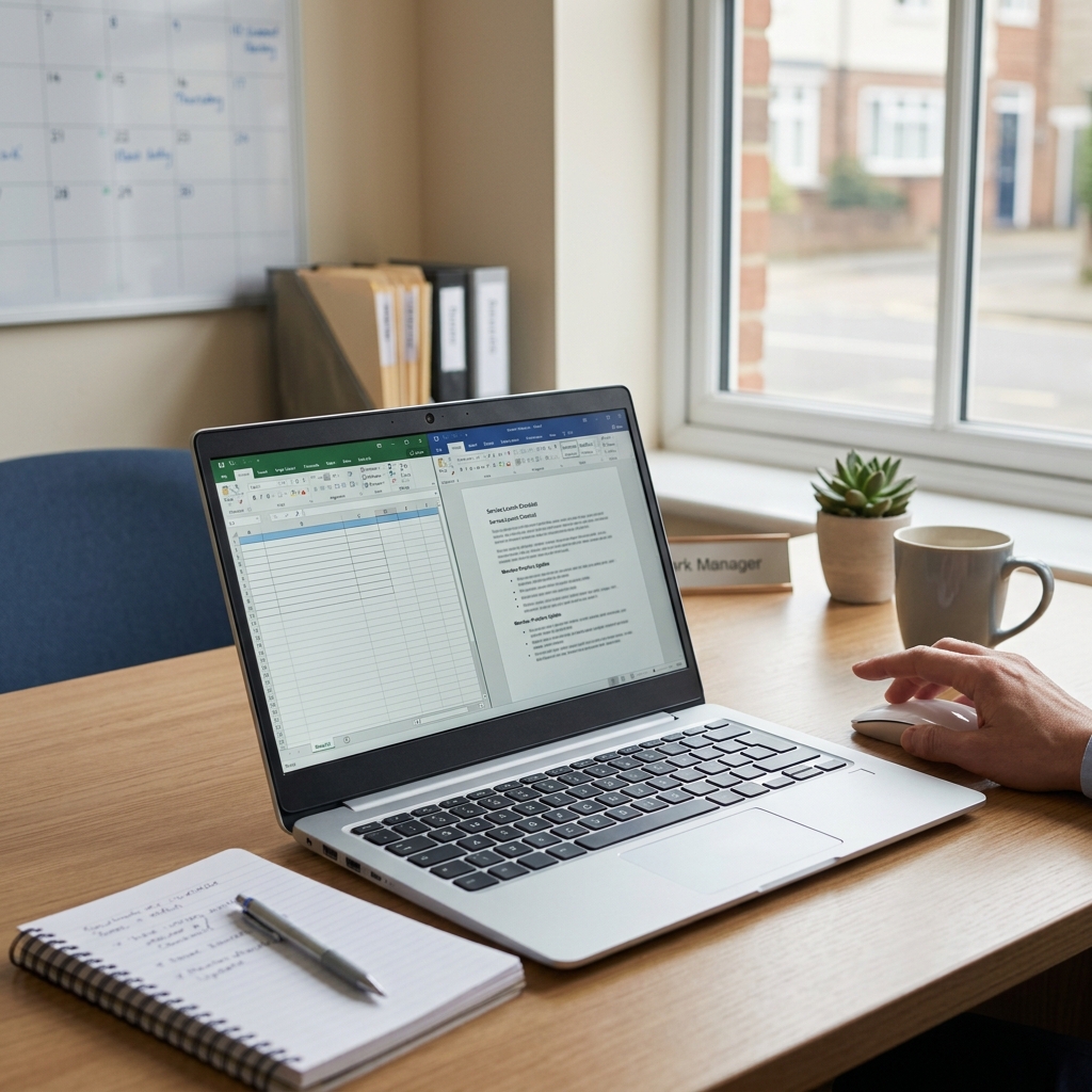 Primary Care Network manager reviewing a draft member-practice update and service-launch checklist using non-sensitive placeholders.