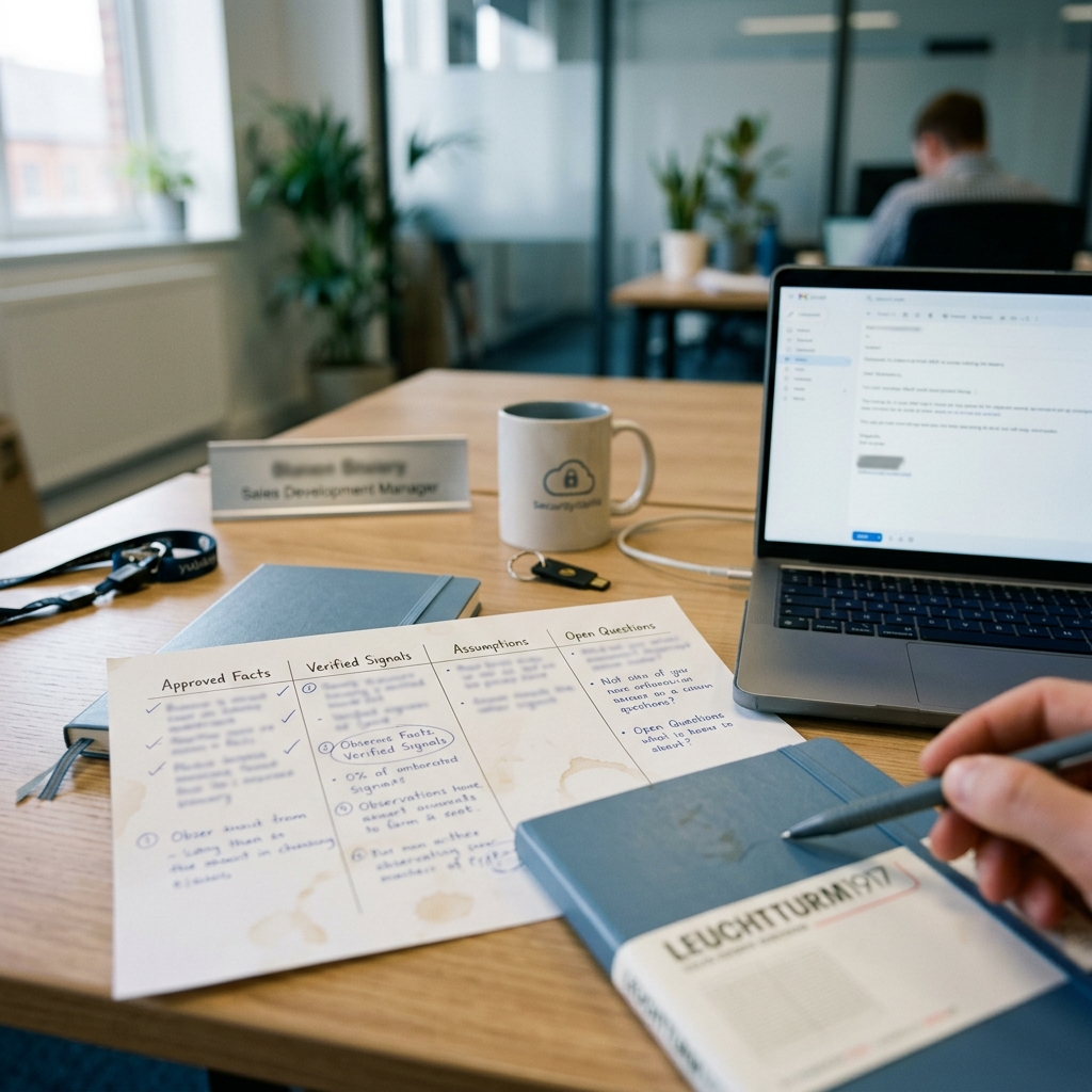 Sales development manager reviewing an AI-assisted cybersecurity SaaS outbound worksheet with approved facts, verified signals, assumptions and open questions.