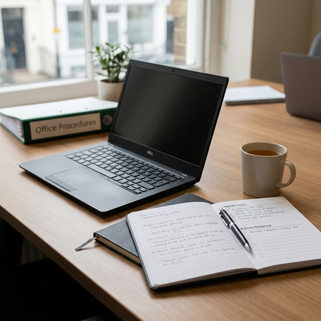 Employment law legal secretary preparing a generic meeting agenda and action log using placeholders