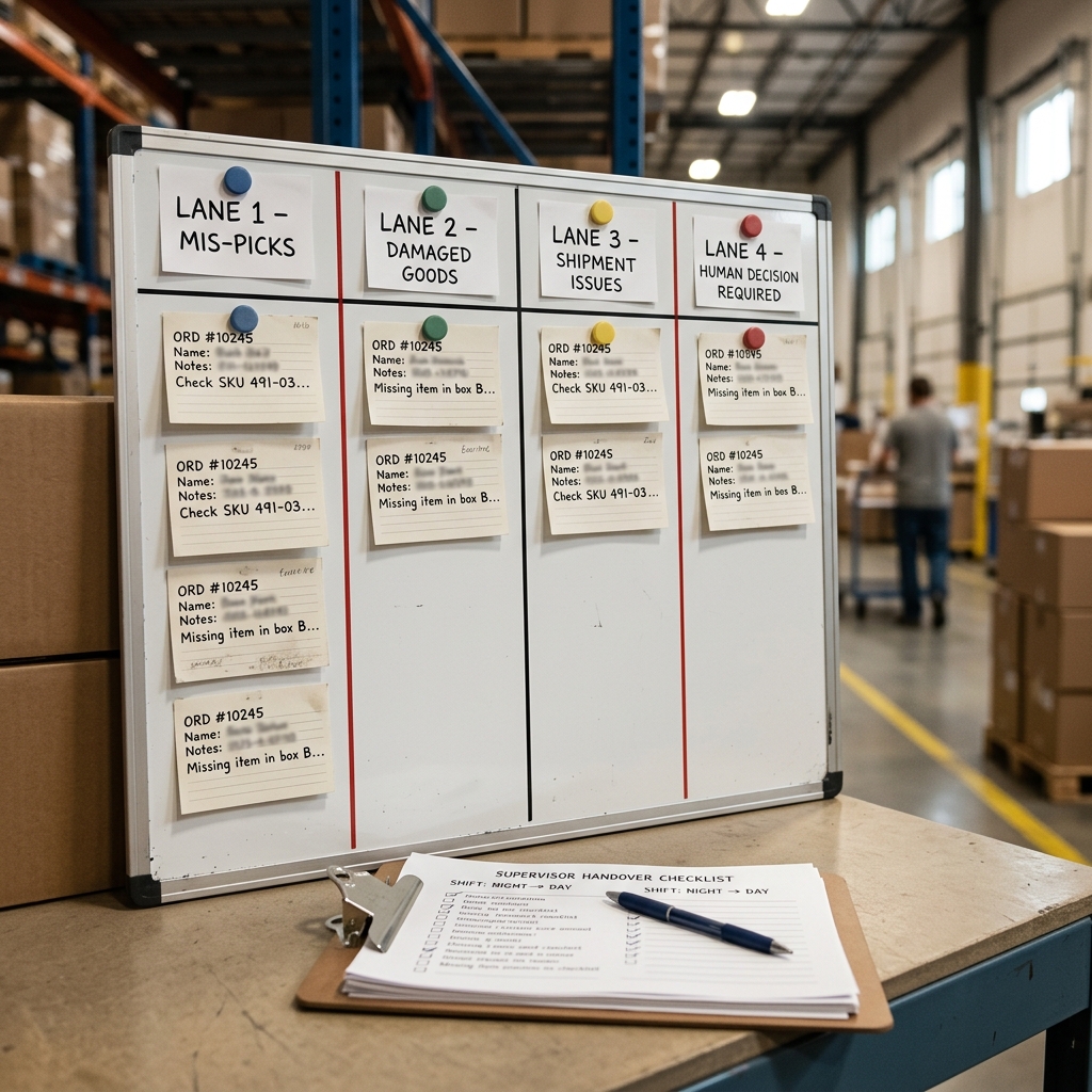 Warehouse supervisor sorting fictional exception notes into four triage lanes before preparing a shift handover.