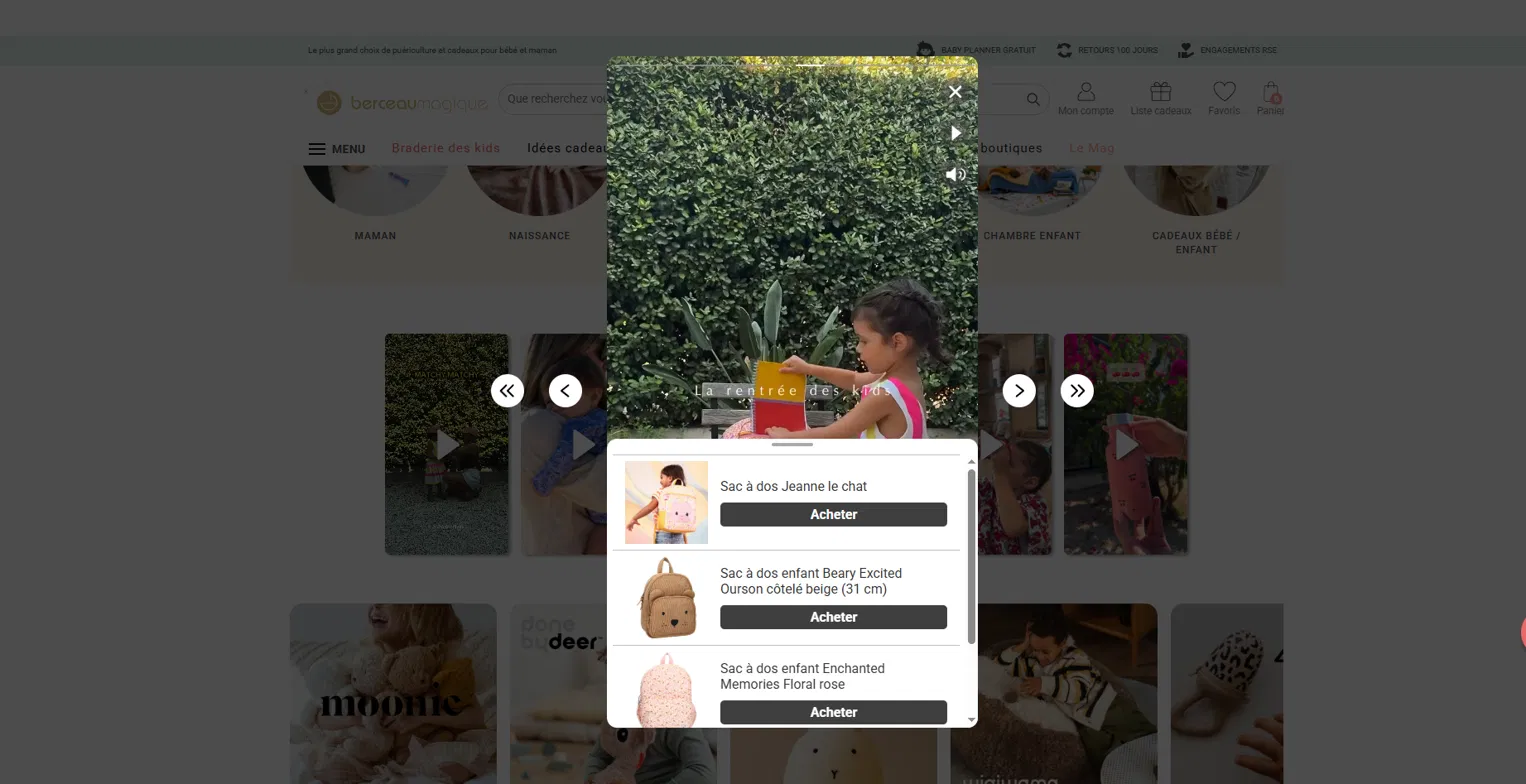 Reelast shoppable video player with purchasable products below the video