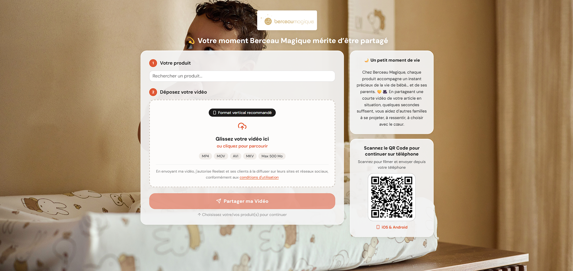 Custom Berceau Magique video upload page, featuring product selection, file upload, and a QR code