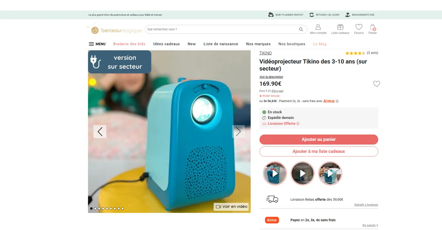 Berceau Magique product page with Reelast video thumbnails next to the add-to-cart button