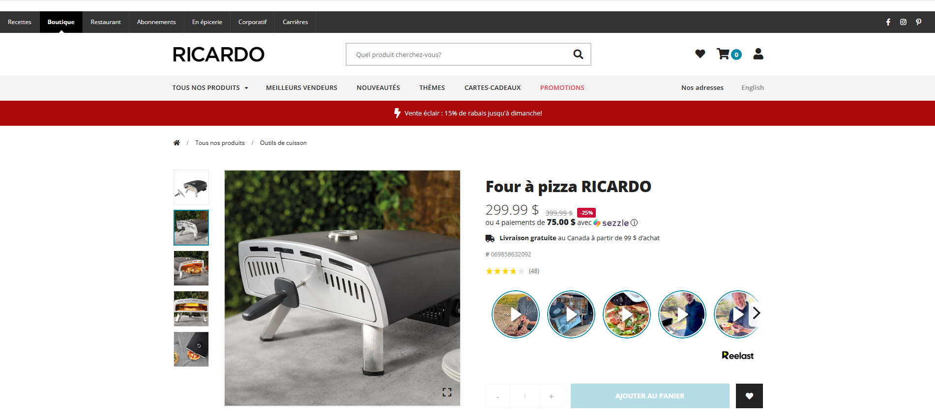 RICARDO pizza oven product page with Reelast video bubbles below the price