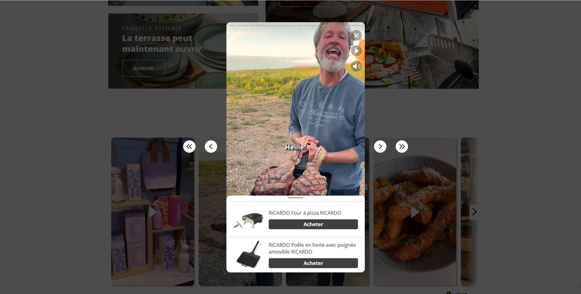 Full-screen Reelast shoppable player with products available for purchase below the video