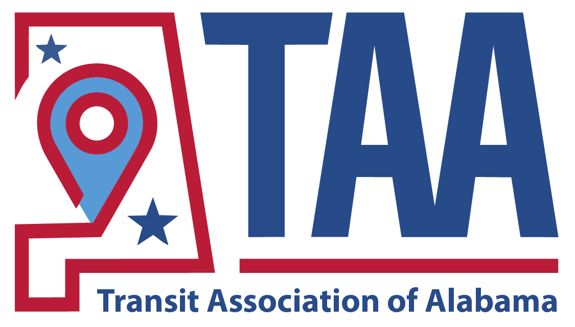 Full horizontal TAA logo.

TAA Icon, state of Alabama red outline, location pin in center outlined in red filled with light blue,  dark blue stars in top left a bottom right corners of state.

TAA in large letters to the right of the icon. Red underline and smaller text below reding Transit Association of Alabama.