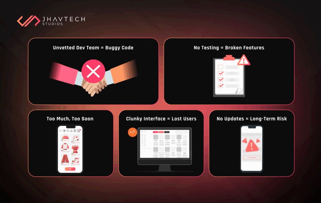 Common startup app mistakes like buggy code, no testing, and poor updates