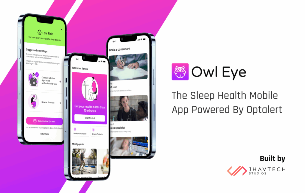 Owl Eye sleep health app by Optalert, built by Jhavtech Studios with multiple app screens