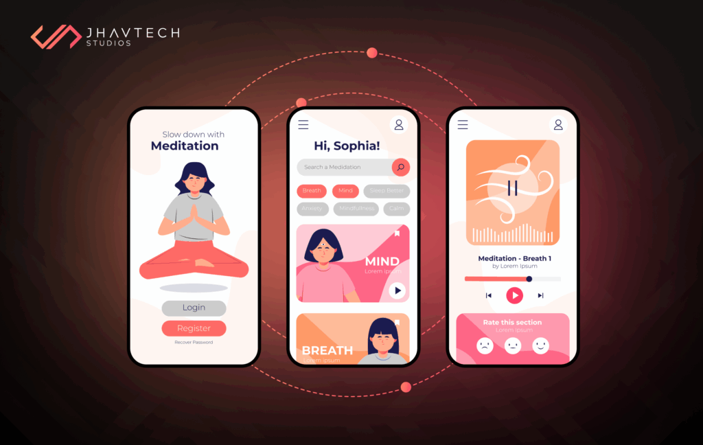 Meditation app UI screens showing login, dashboard, and audio playe
