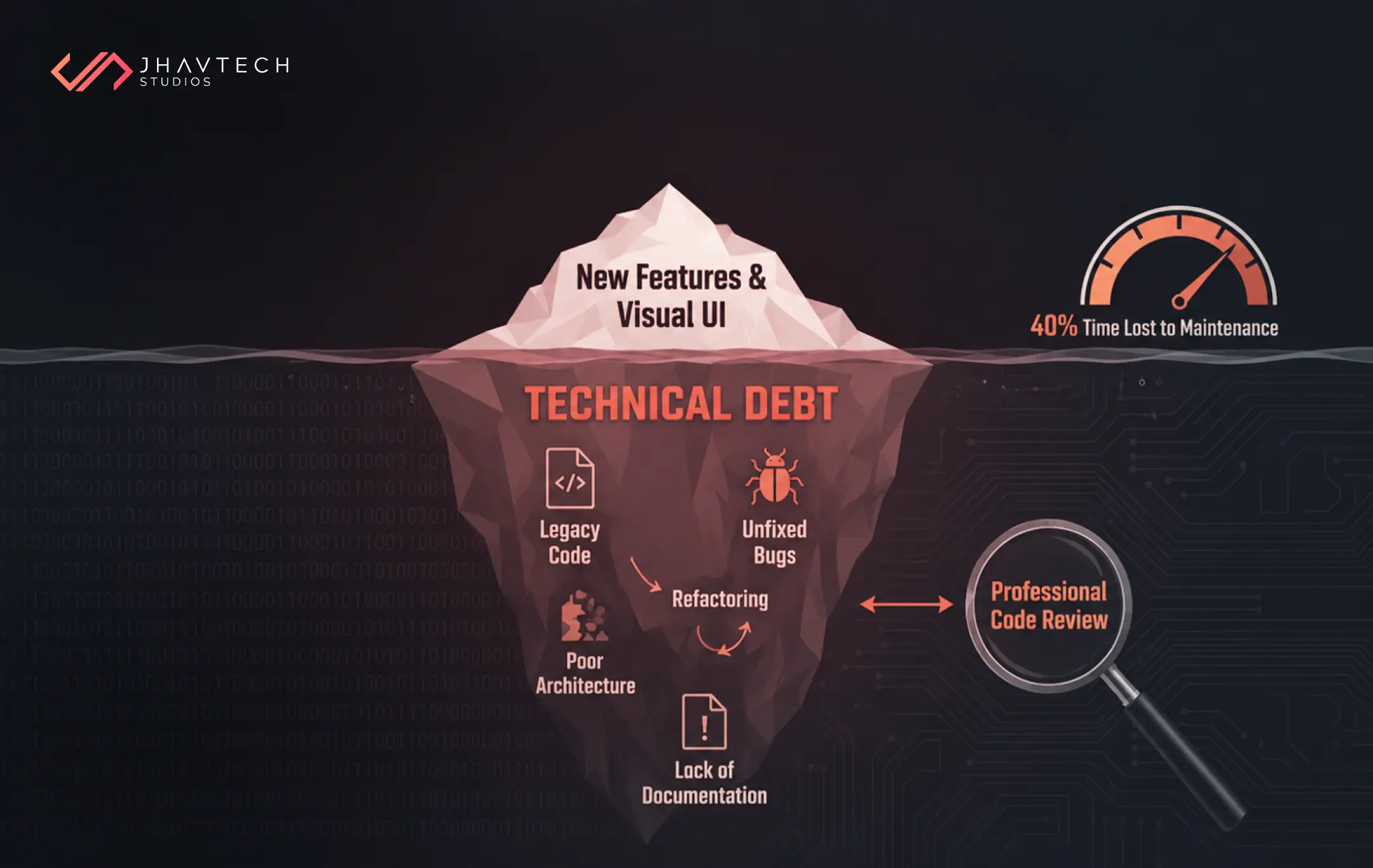 Technical debt iceberg with hidden software issues