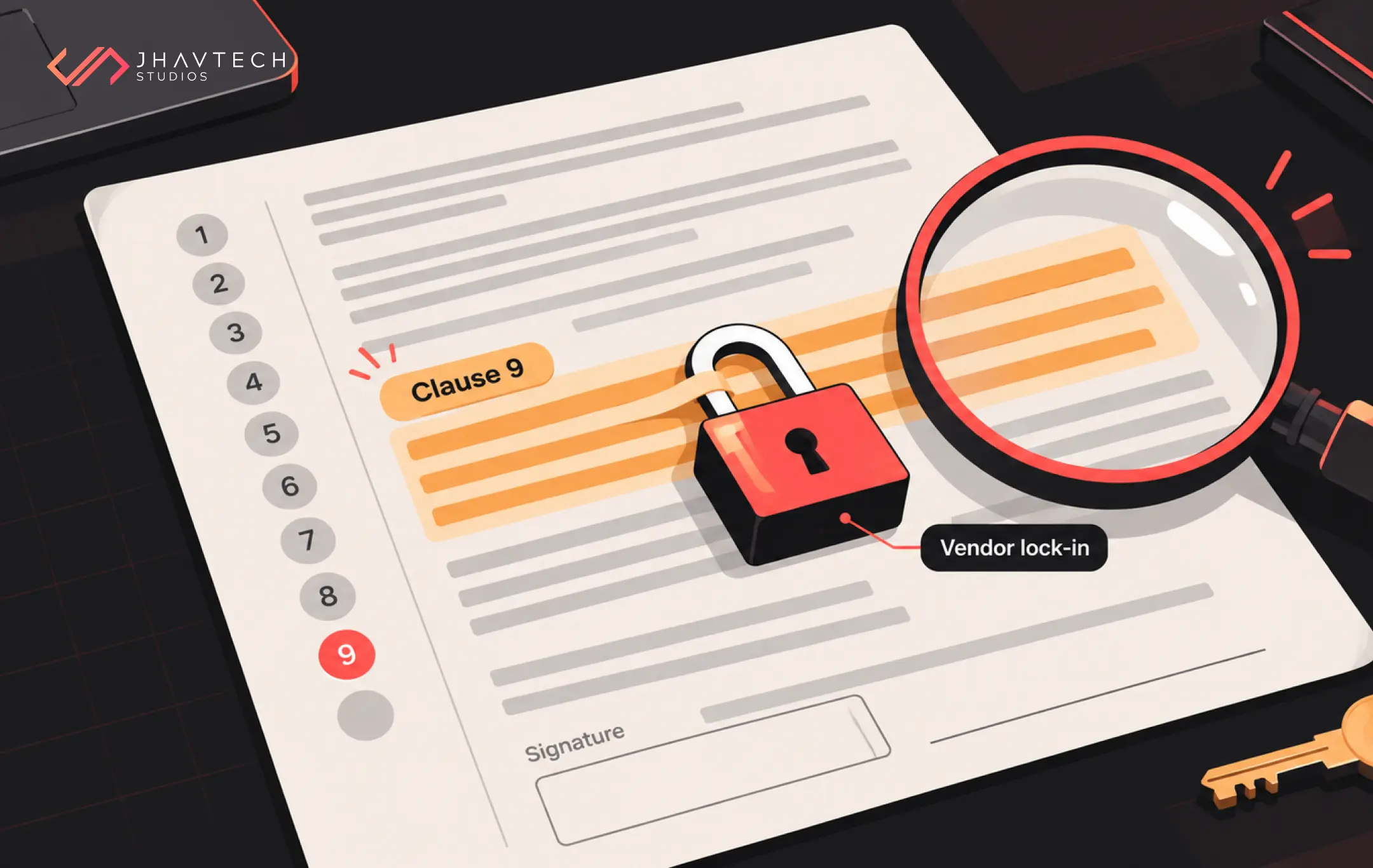 Contract clause under a magnifying glass with a red padlock