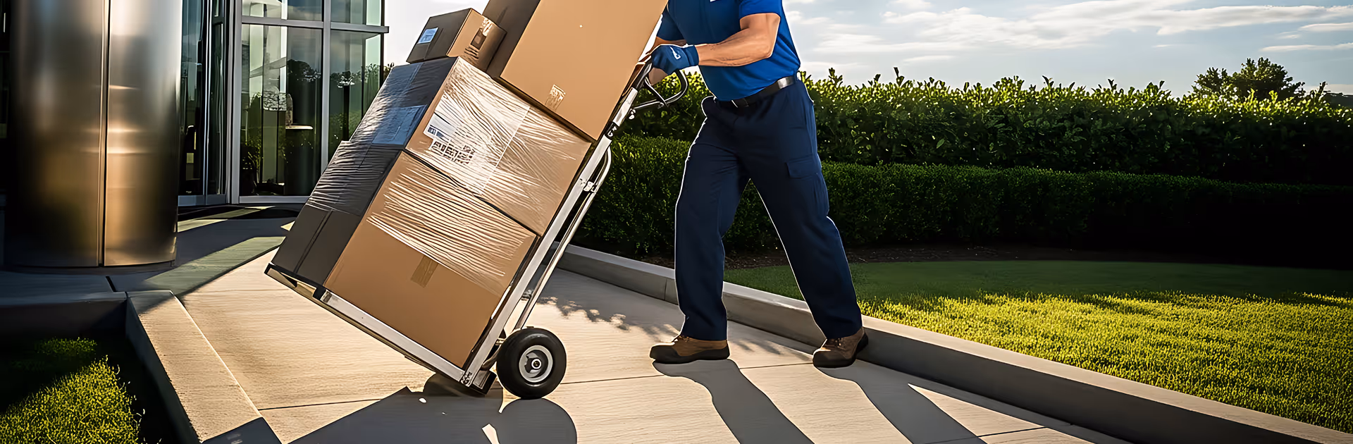 Delivery worker in blue uniform pushing a hand truck loaded with stacked cardboard boxes outside a modern building.