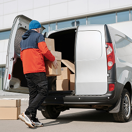 Person wearing a blue beanie and orange jacket loading cardboard boxes into the back of a silver delivery van.