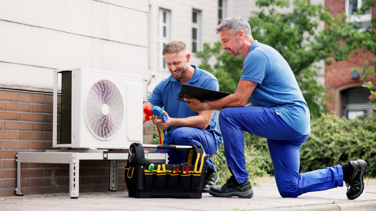 Professional HVAC technician reviewing appointments on a tablet outside a residential home