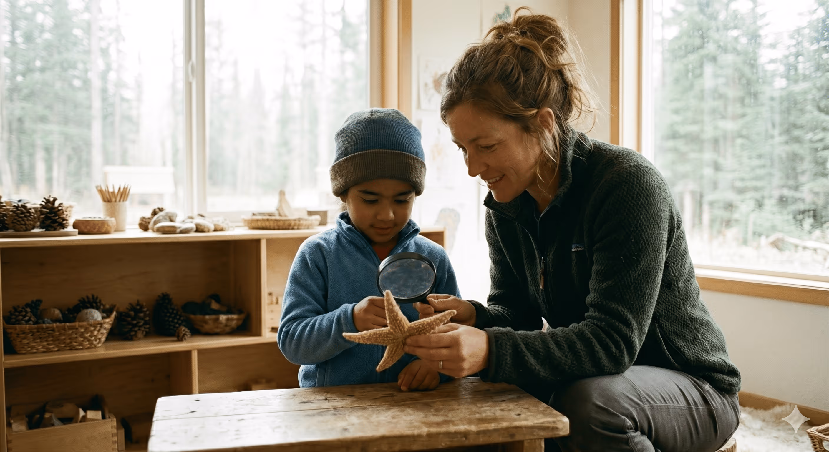 Teacher and child exploring together at Little Harvest Learning Center