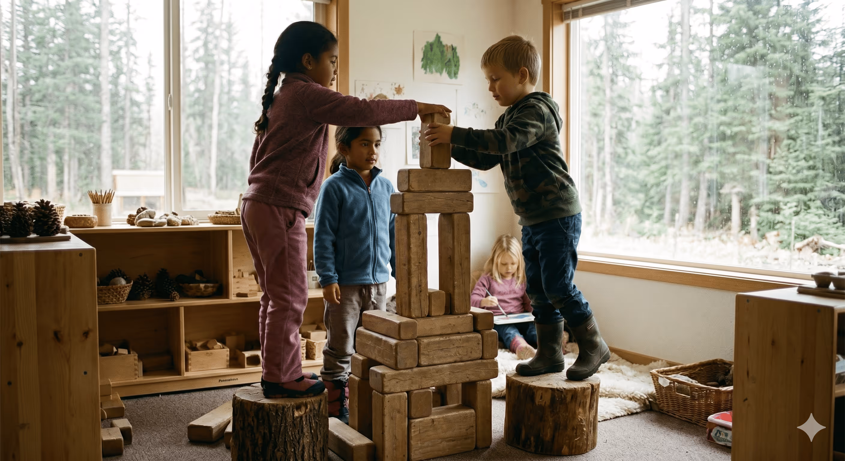 Children building with wooden blocks in the Little Harvest classroom