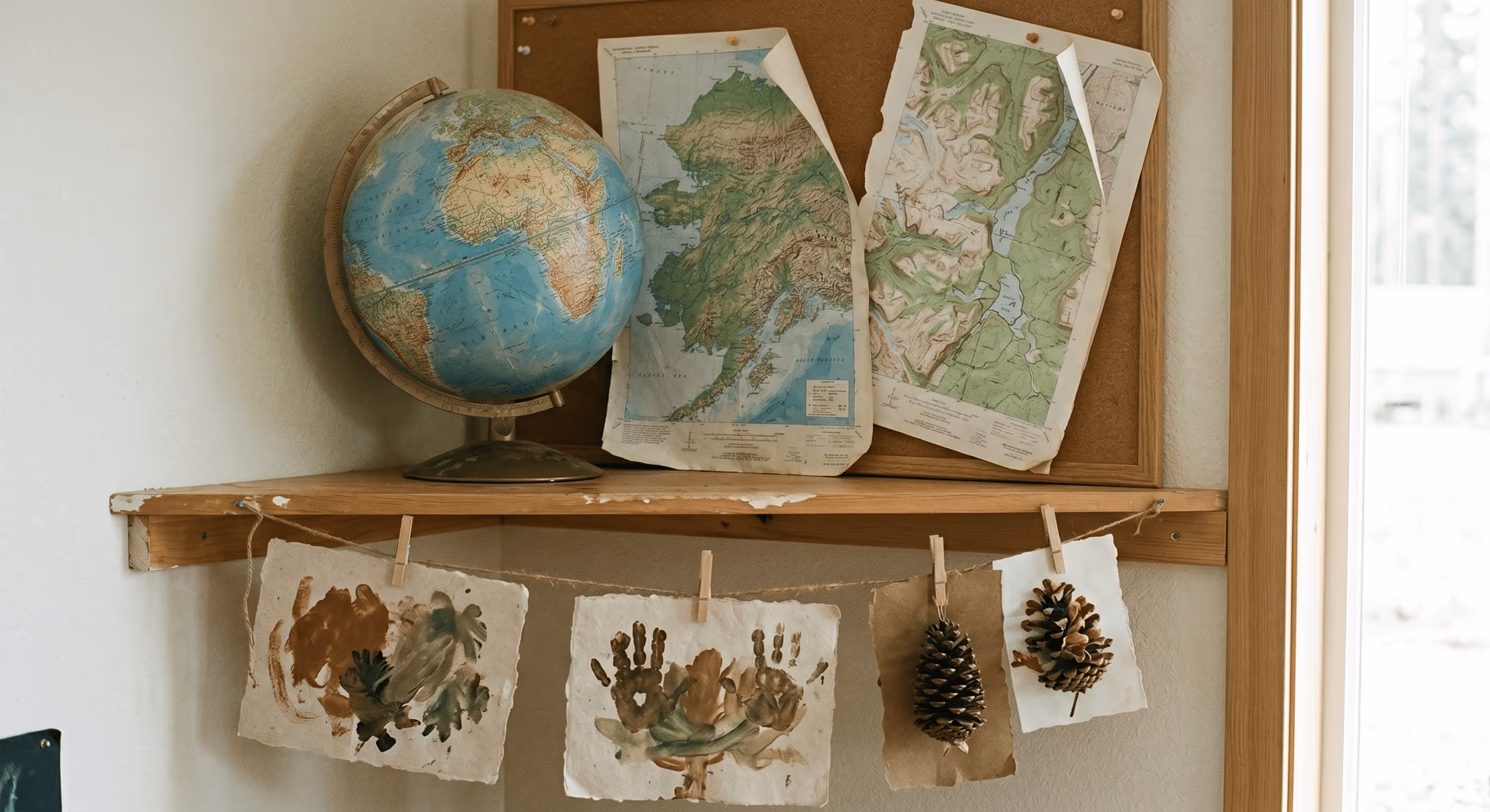 Globe, Alaska map, and children's handprint art for Countries and Cultures class