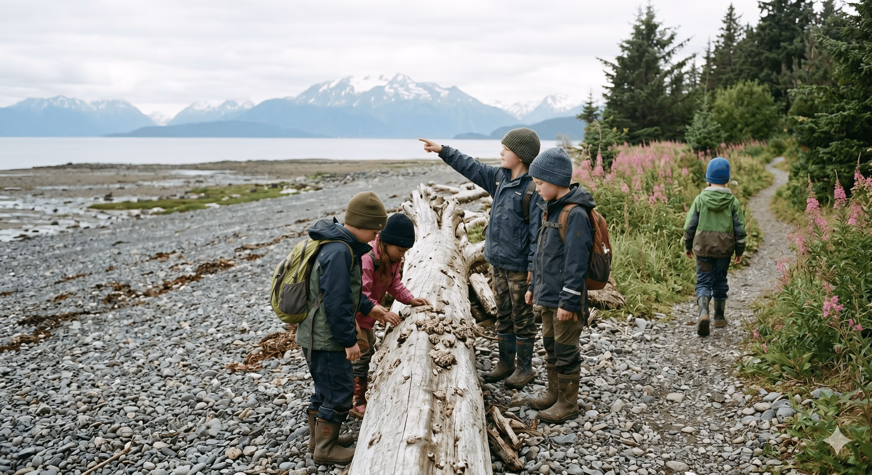 Children exploring the shore in Homer, Alaska