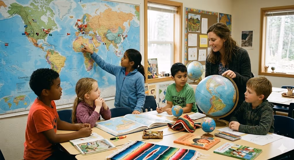 Children sorting natural materials in a homeschool enrichment class