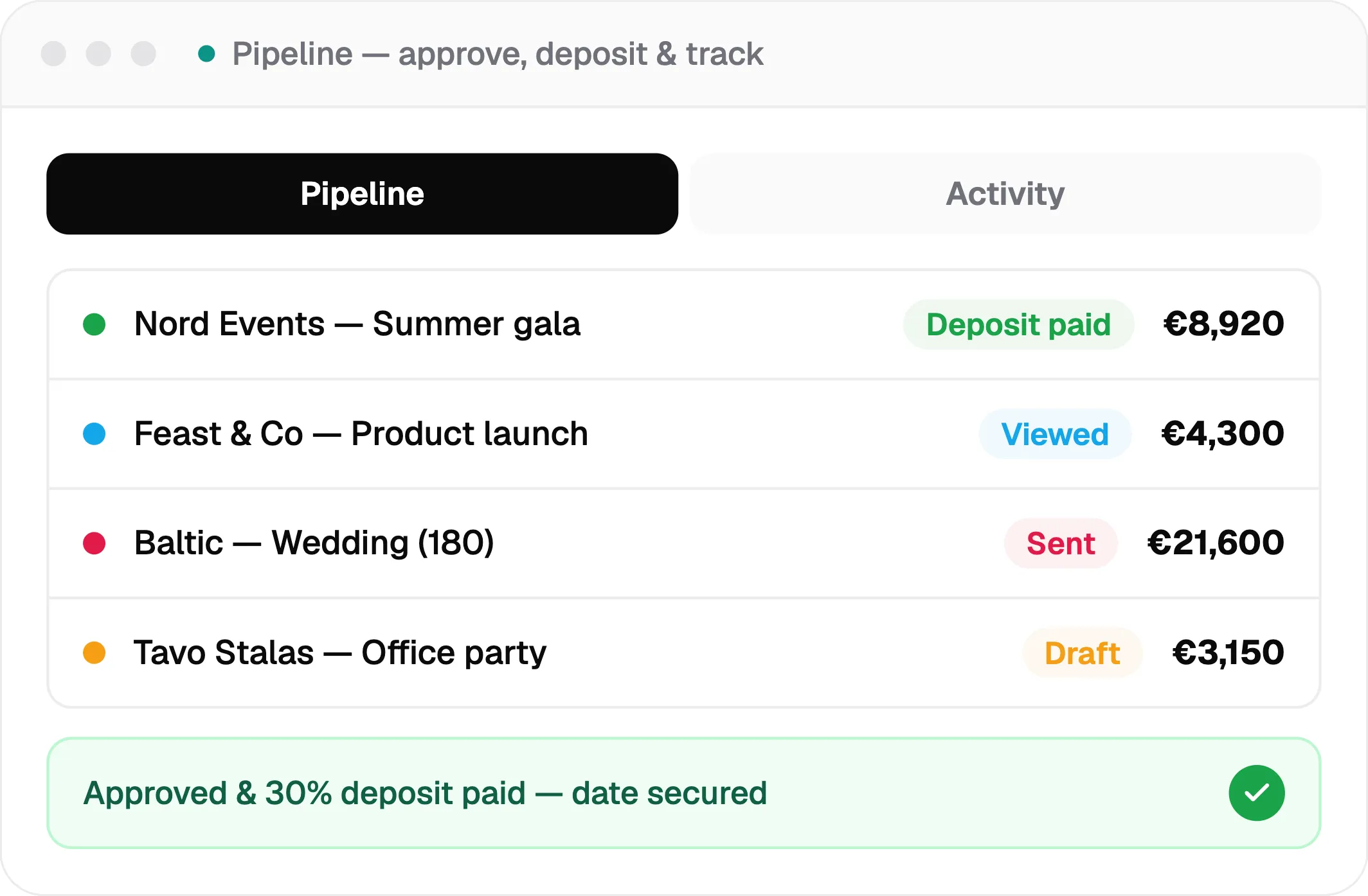 pipeline, approve, deposit and track