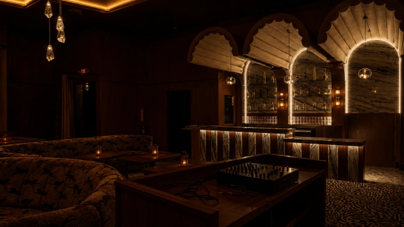 Keys Upstairs, the house room above Keys Los Angeles on the Sunset Strip, with banquette seating and a lit bar