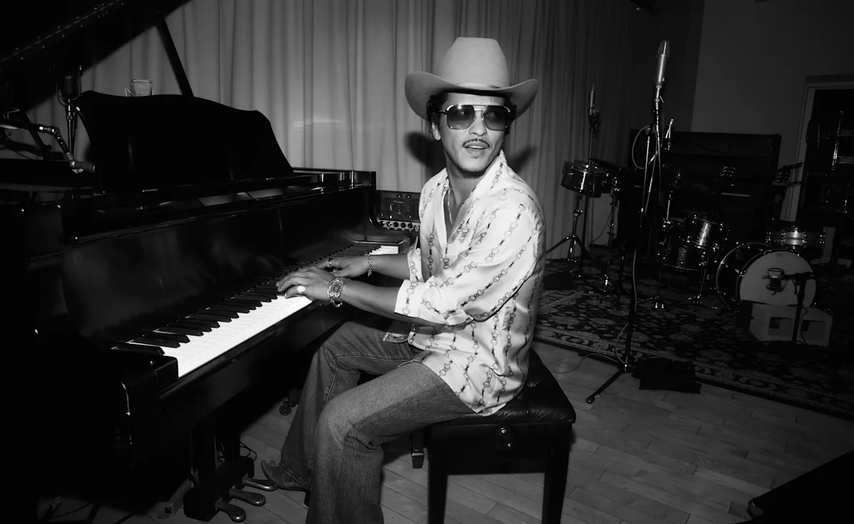 Bruno Mars performing live at SoFi Stadium.