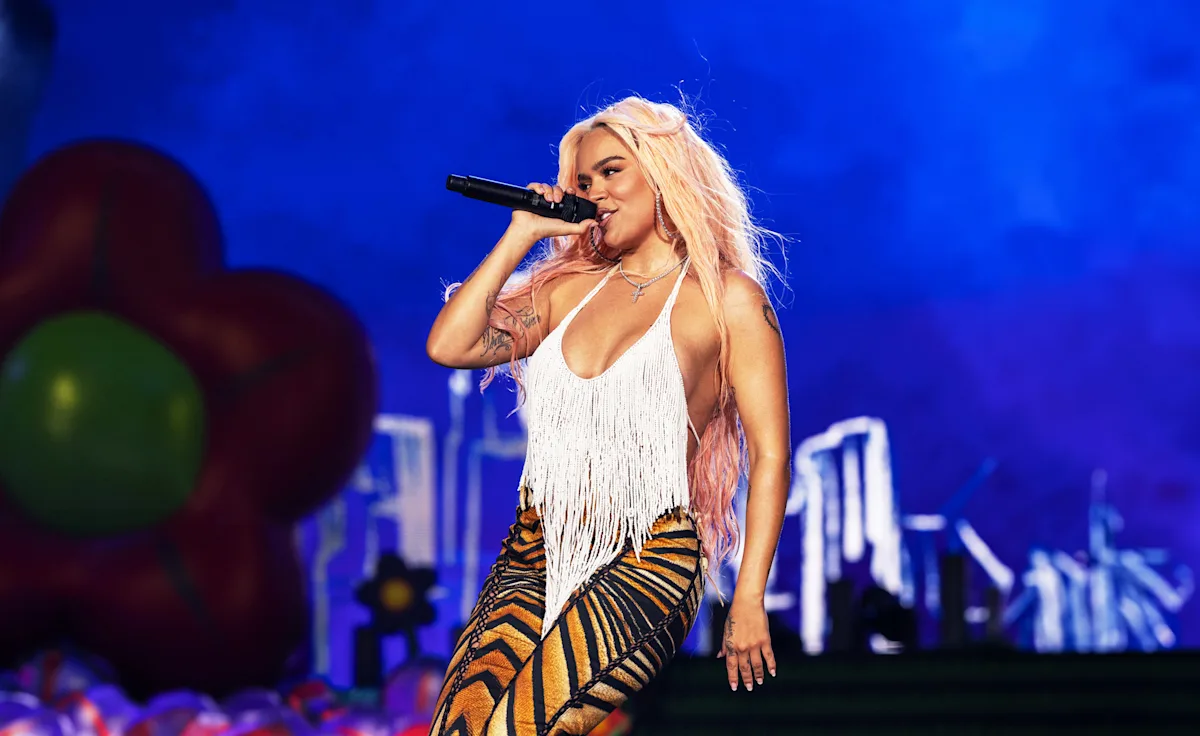 Karol G performing live at SoFi Stadium.