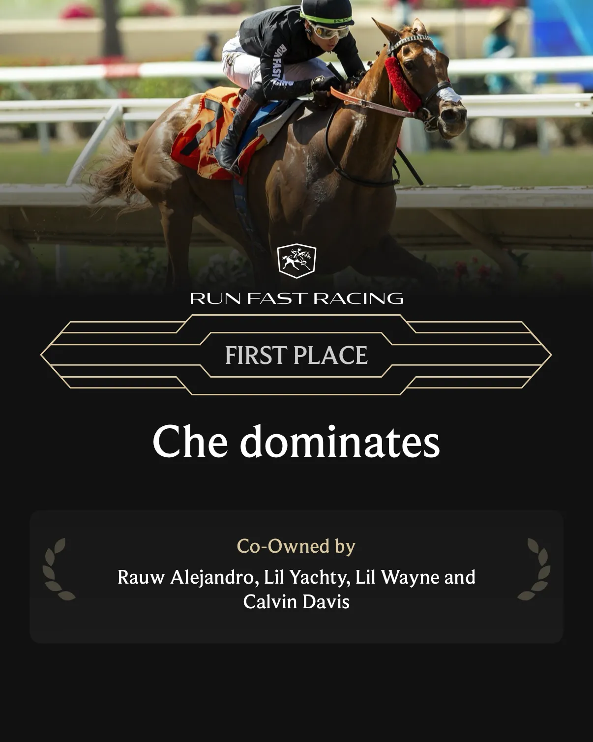 Run Fast Racing graphic celebrating Che's first-place Del Mar win on July 19, 2026
