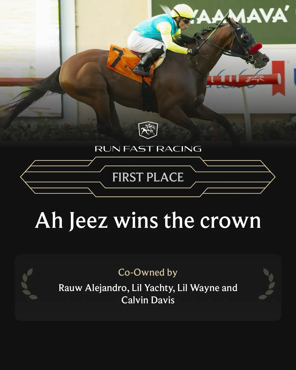 Run Fast Racing graphic celebrating Ah Jeez's first-place Del Mar win on July 19, 2026