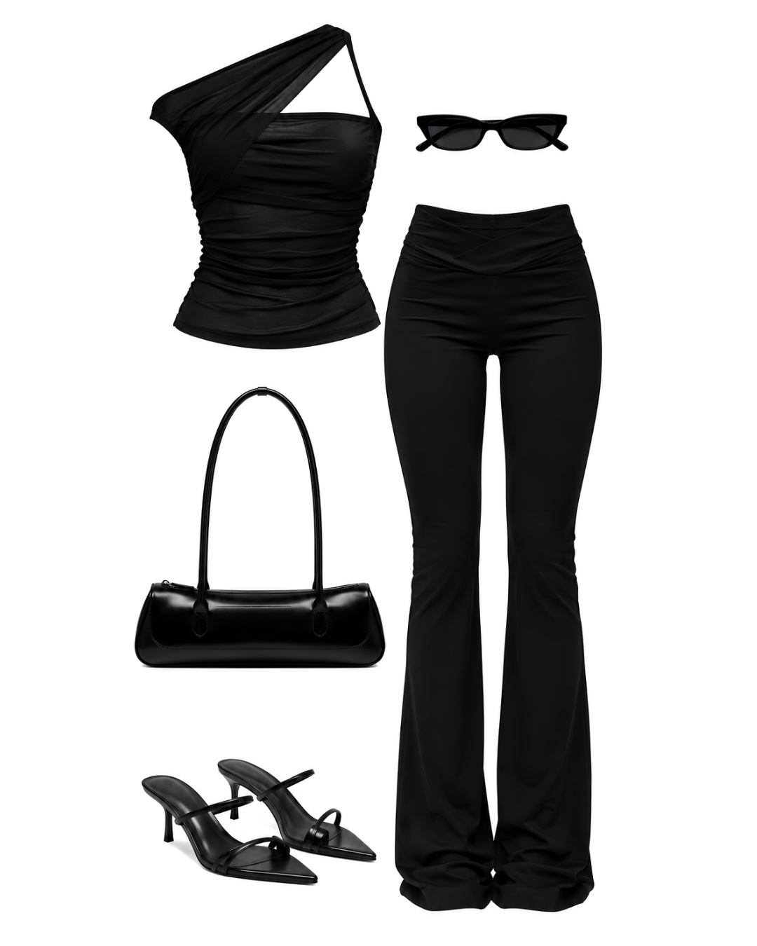 Black asymmetrical top, flared pants, shoulder bag, sunglasses and strappy heels for dinner to nightlife in Los Angeles