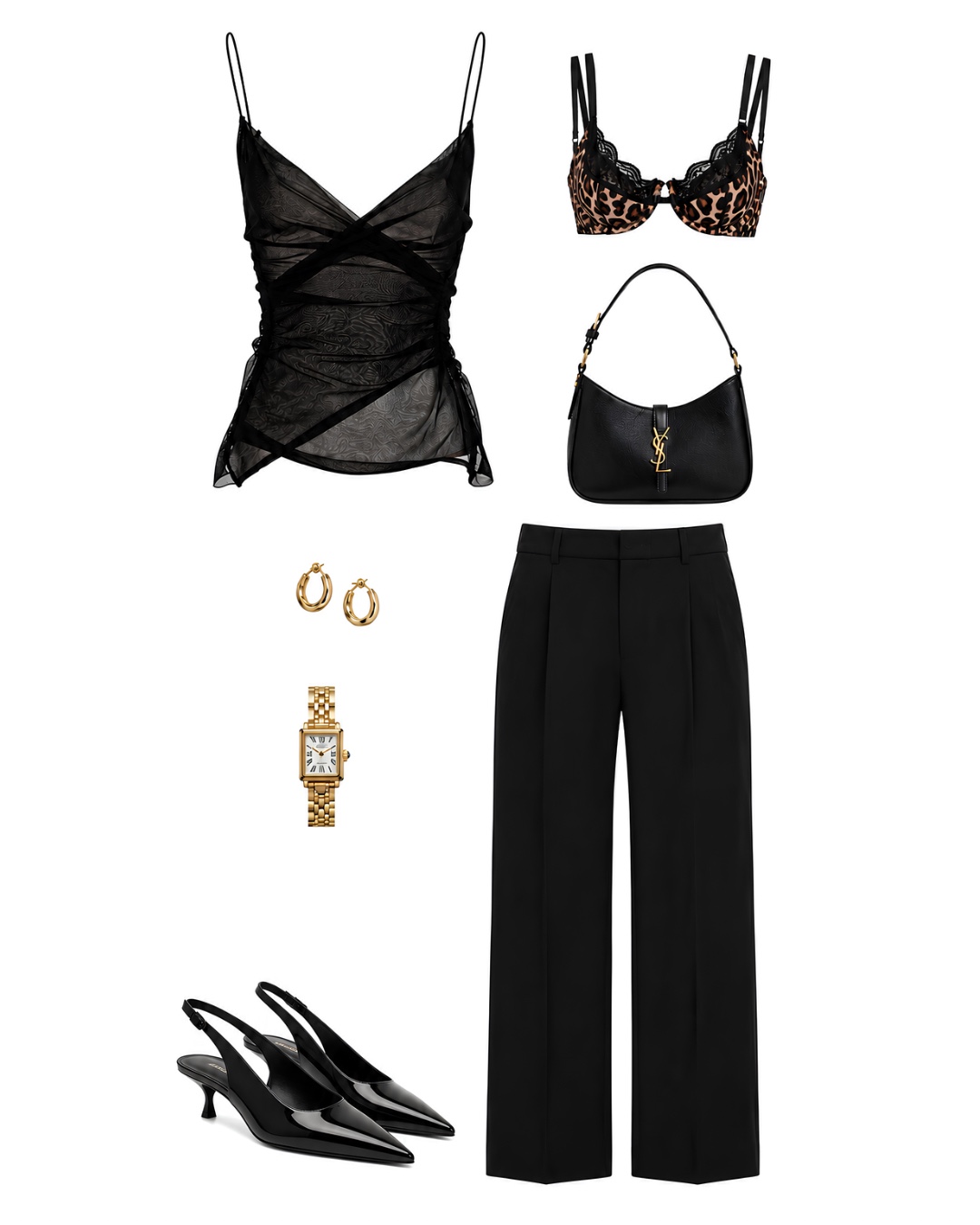Black sheer top, wide leg trousers, slingback heels, YSL bag and gold accessories for a sleek LA night out