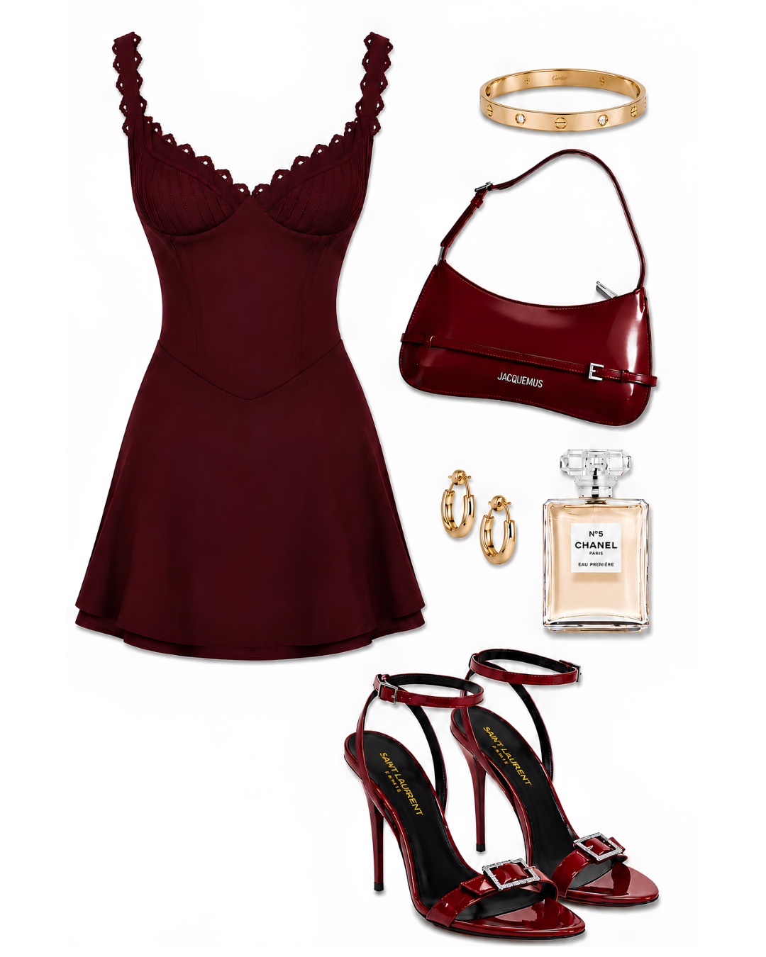 Burgundy mini dress, Jacquemus bag, gold jewelry, Chanel perfume and burgundy heels for a statement night in LA