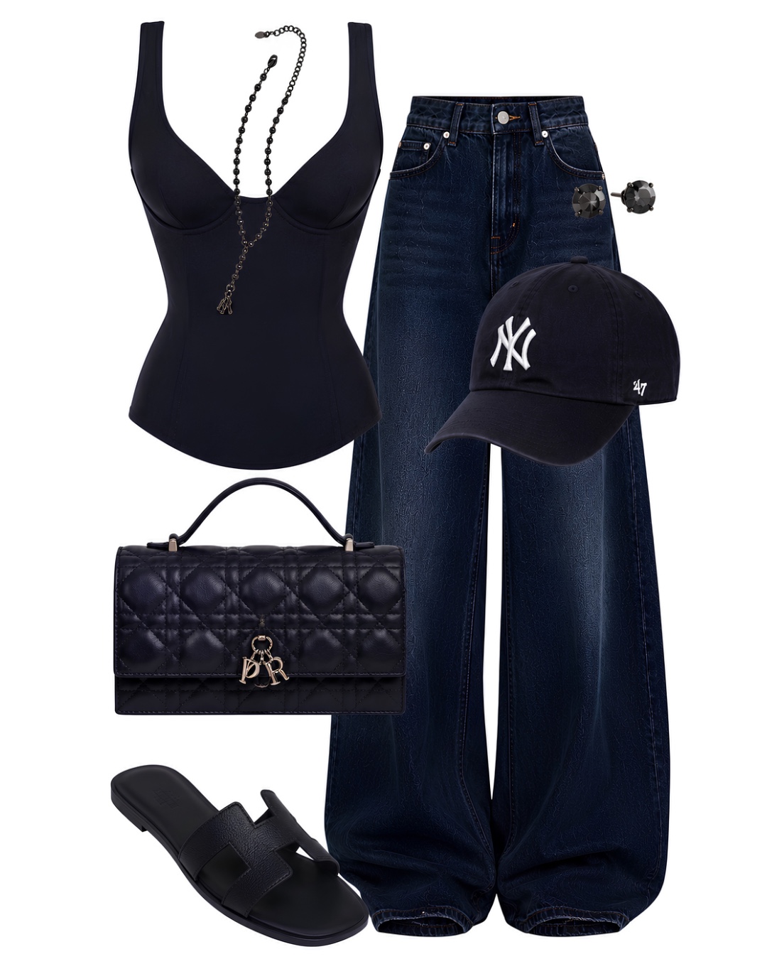 Navy corset top, wide leg jeans, New York cap, Dior bag and slides for a model off duty LA outfit
